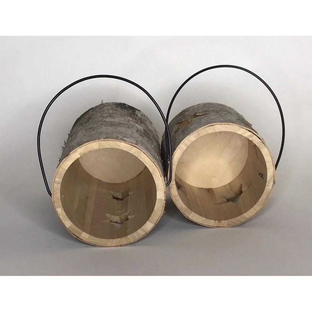 Set of 2 Birch Bark Wood Log Star Cutout Candle Holders Rustic Nature Decor NEW
